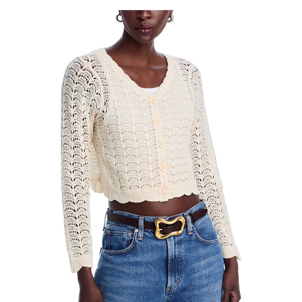 GLG Cream Knit Womens Sweater Large Cottagecore Crochet‎ Prairie Preppy Dainty